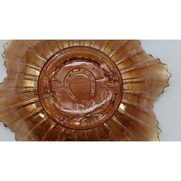 Northwood Good Luck Ruffled Bowl Ribbed Back Carnival Glass Vintage - Picture 11 of 12